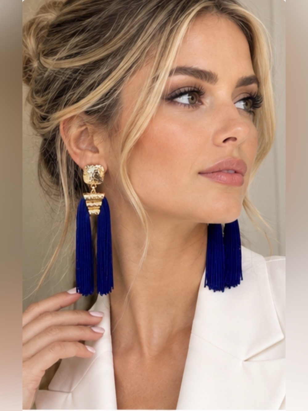 Euro Night Out Inspo Royal Blue Tassel Drop Earrings with Gold Accents